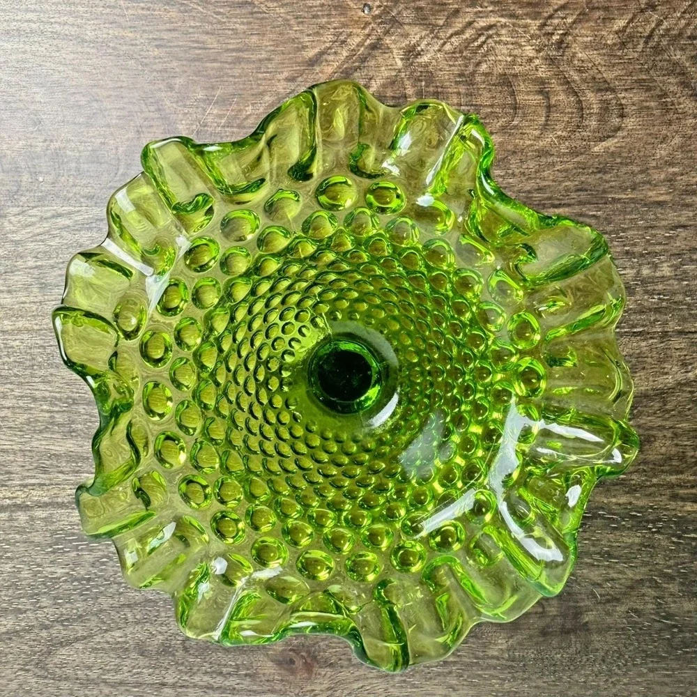Vintage Uranium Glass Hobnail Pedestal Vase‎ UV Reactive Ruffled Green 5.5